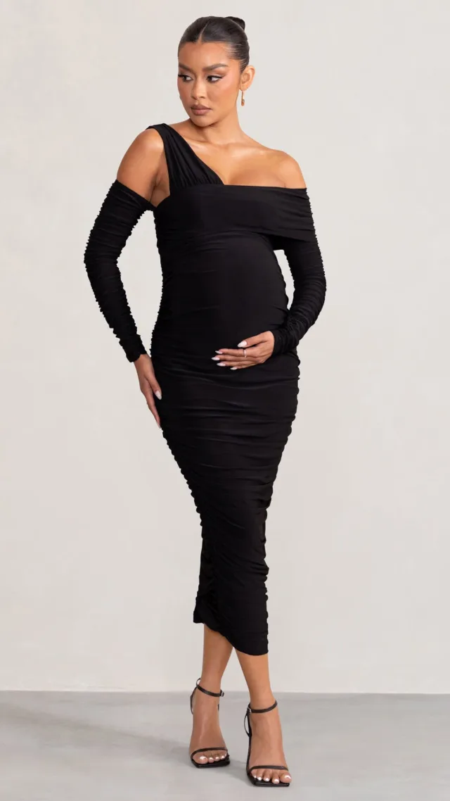 Black Asymmetric Bardot Maternity Midi Dress With Sleeves