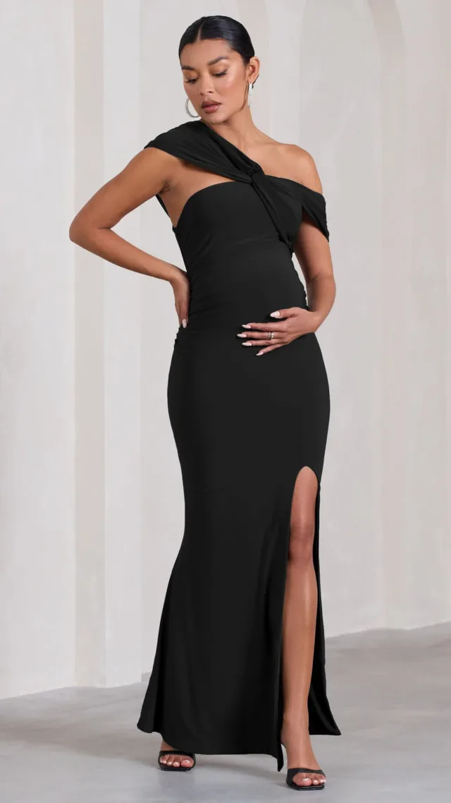 Black Asymmetric Twisted Bardot Split Maternity Maxi Dress