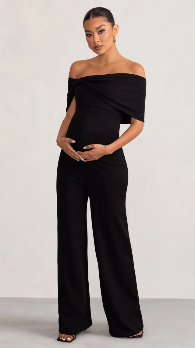 Black Bardot Bow Maternity Jumpsuit