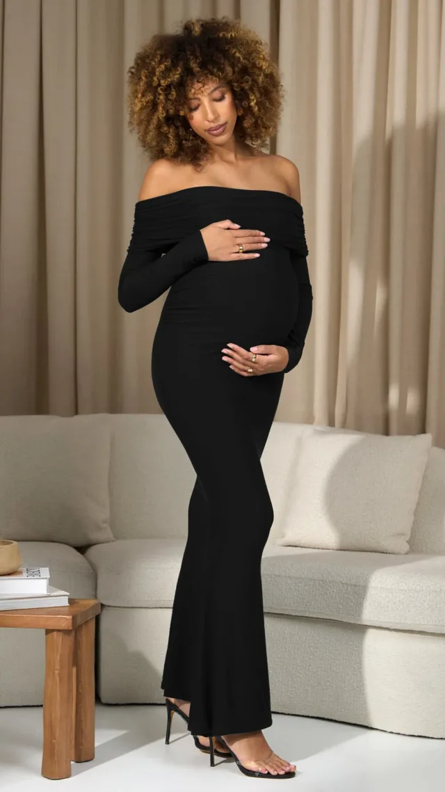 Black Bardot Long-Sleeve Maternity Maxi Dress