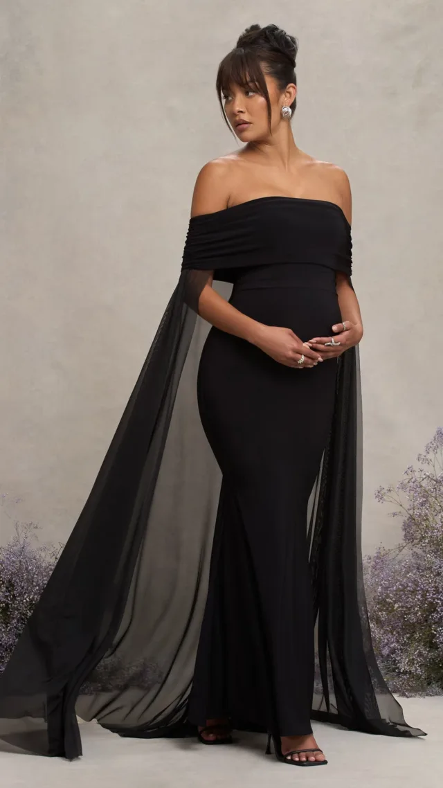 Black Bardot Maternity Maxi Dress With Chiffon Cape