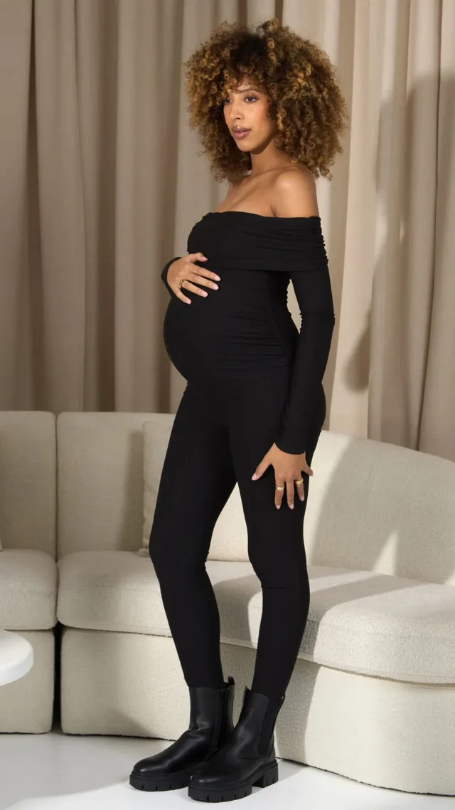 Black Bardot Skinny-Leg Maternity Jumpsuit