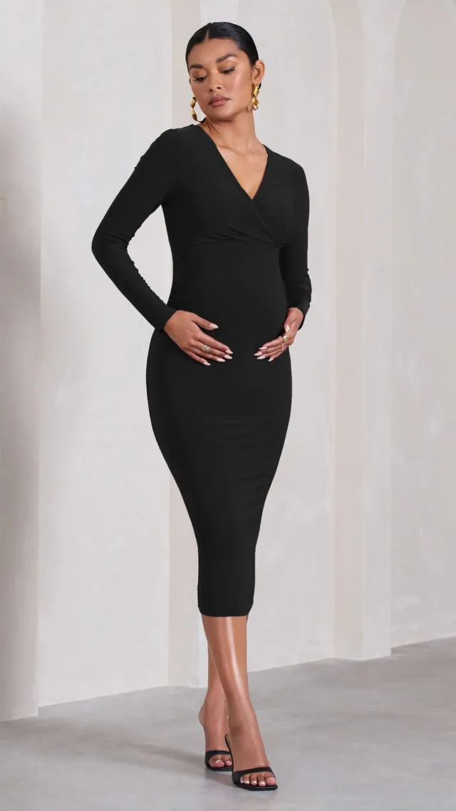 Black Bodycon Plunge-Neck Maternity Midi Dress