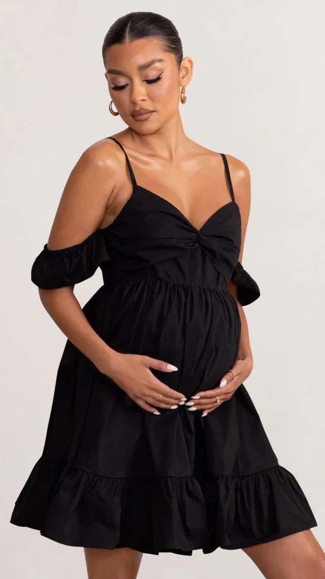 Black Cami Babydoll Maternity Mini Dress With Ruffle Cold Shoulder Sleeves