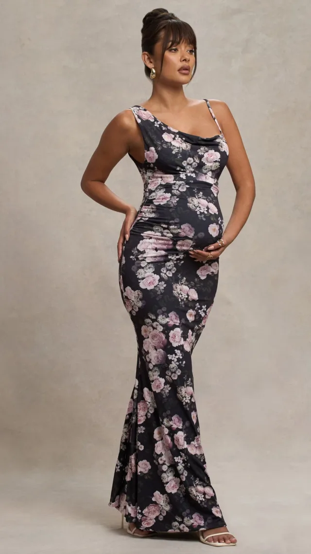 Black Floral Maternity Cowl Neck Maxi Dress