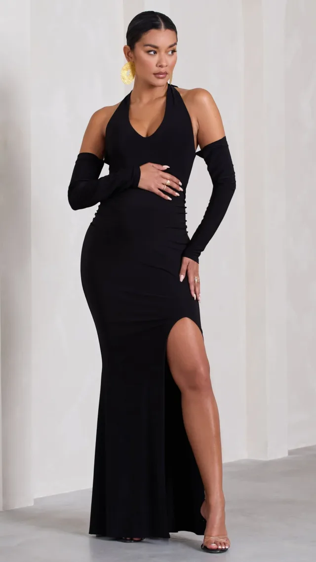 Black Halter-Neck Long-Sleeve Split Maternity Maxi Dress