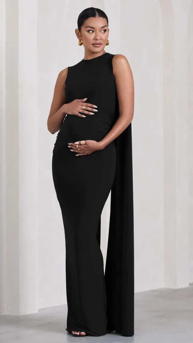 Black High-Neck Sleeveless Cape Maternity Maxi Dress