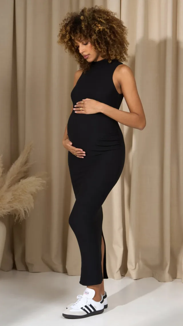 Black High-Neck Sleeveless Split Maternity Maxi Dress