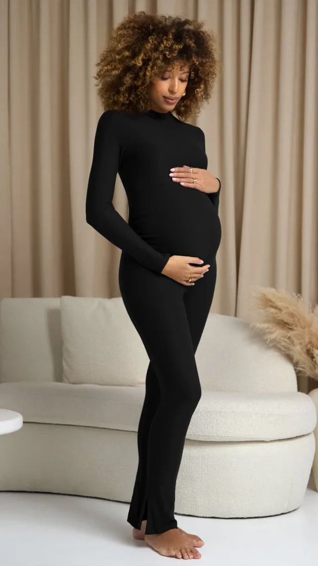 Black High-Neck Slim-Leg Maternity Jumpsuit