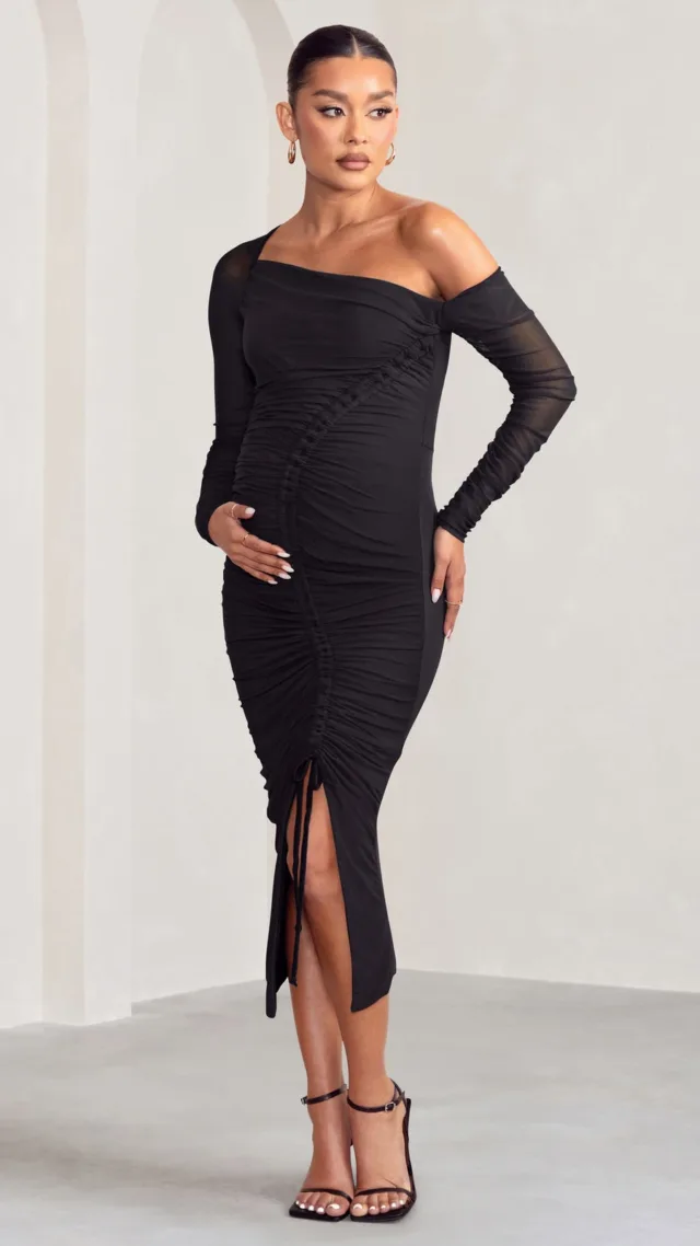 Black Maternity Asymmetric Ruched Midi Dress