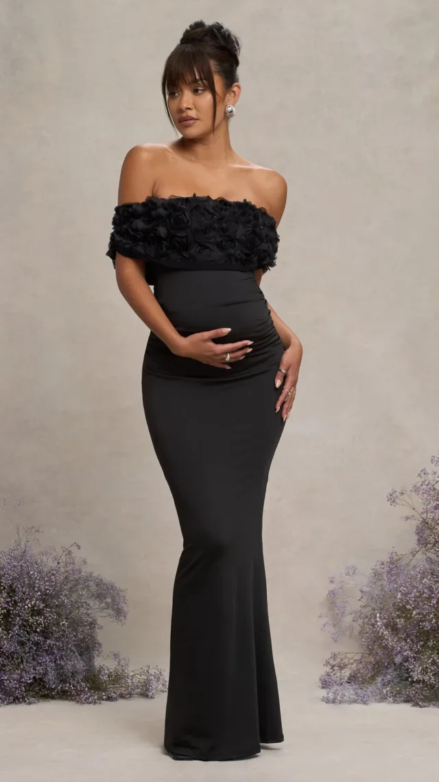 Black Mesh Floral Bardot Maternity Maxi Dress