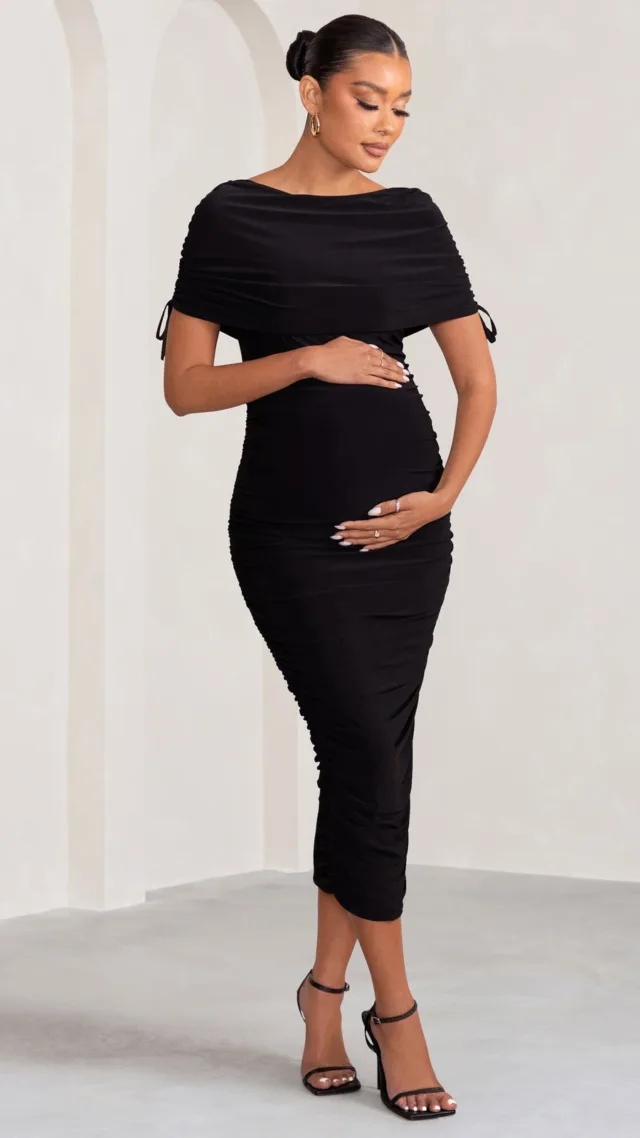 Black Ruched Bardot Maternity Midi Dress