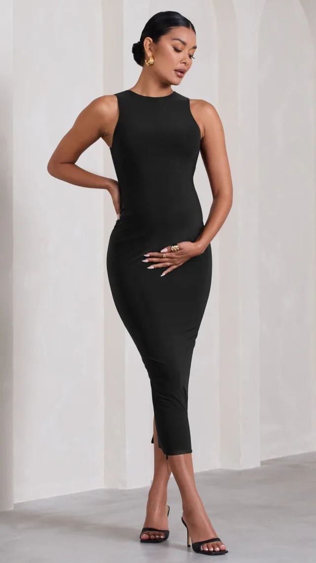 Black Sleeveless Split Maternity Midi Dress