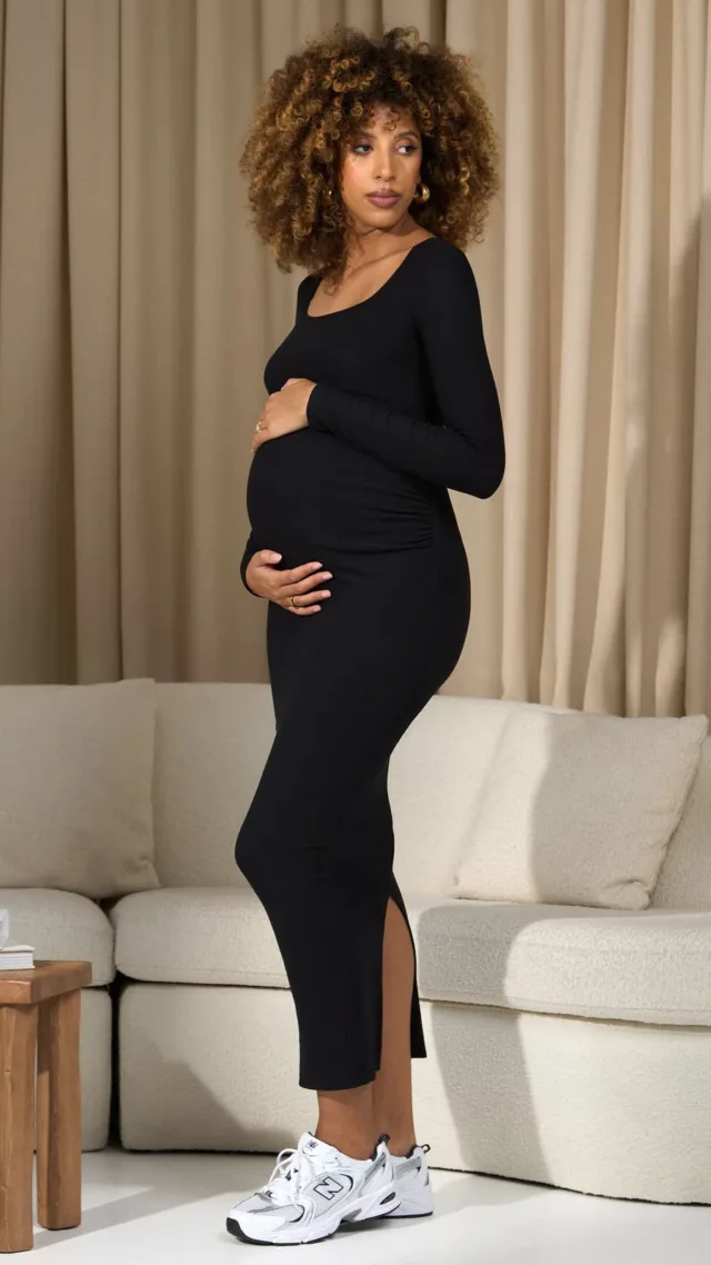 Black Square-Neck Long-Sleeve Split Maternity Midi Dress