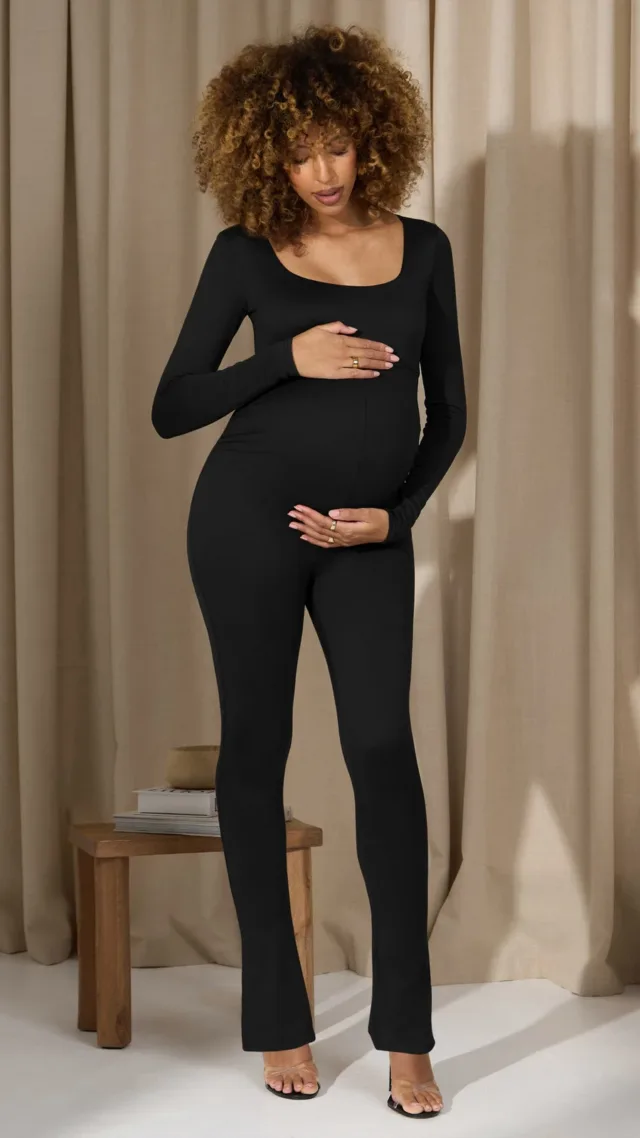 Black Square-Neck Slim-Leg Maternity Jumpsuit