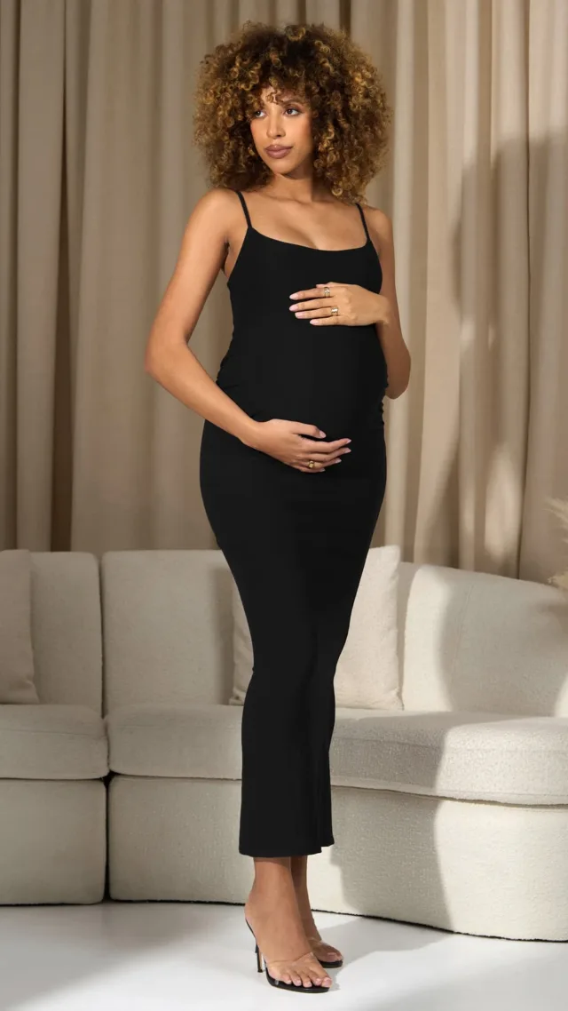 Black Strappy Square-Neck Split Maternity Maxi Dress