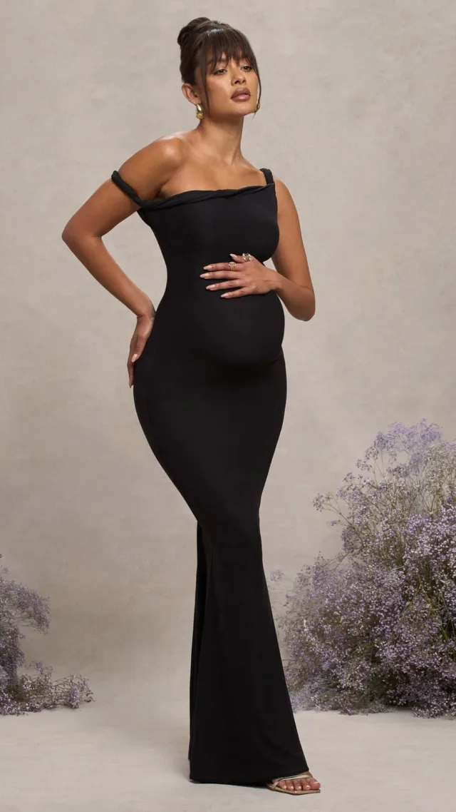 Black Twisted Asymmetric Maternity Maxi Dress