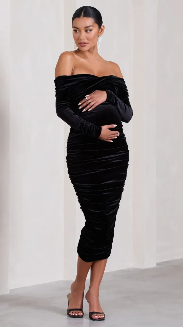 Black Velvet Maternity Bardot Twist Maternity Midi Dress