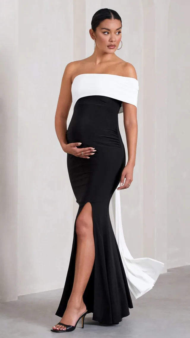 Black & White Bardot Split Maternity Maxi Dress With Drape Detail