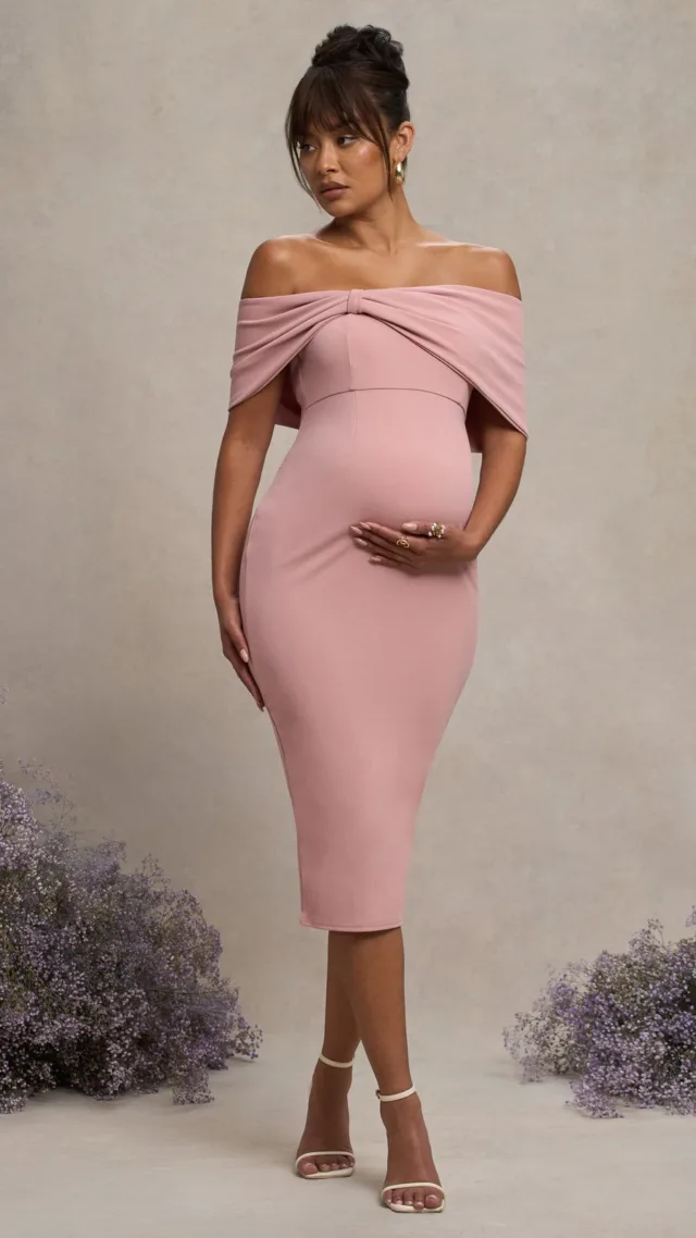 Blush Bardot Bow Maternity Midi Dress With Ruching