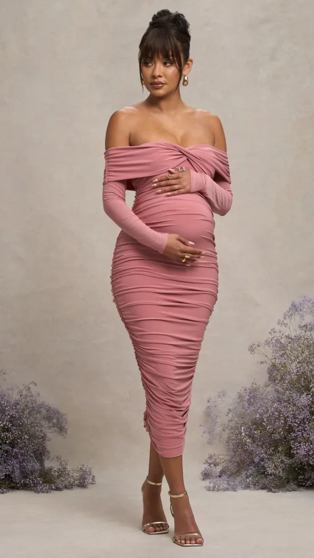 Blush Bardot Twist Maternity Midi Dress