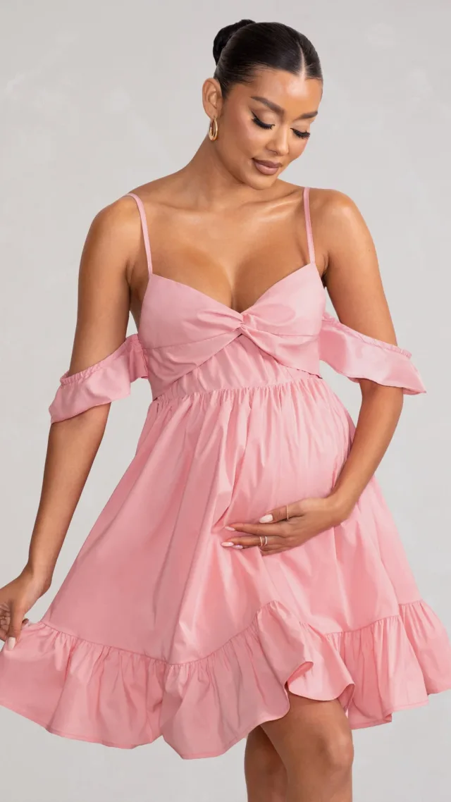 Blush Cami Babydoll Maternity Mini Dress With Ruffle Cold Shoulder Sleeves