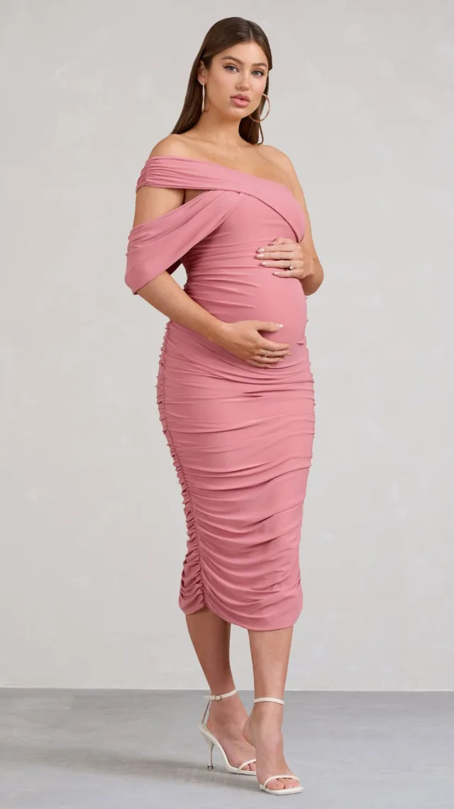 Blush Pink Asymmetric Ruched Maternity Midi Dress