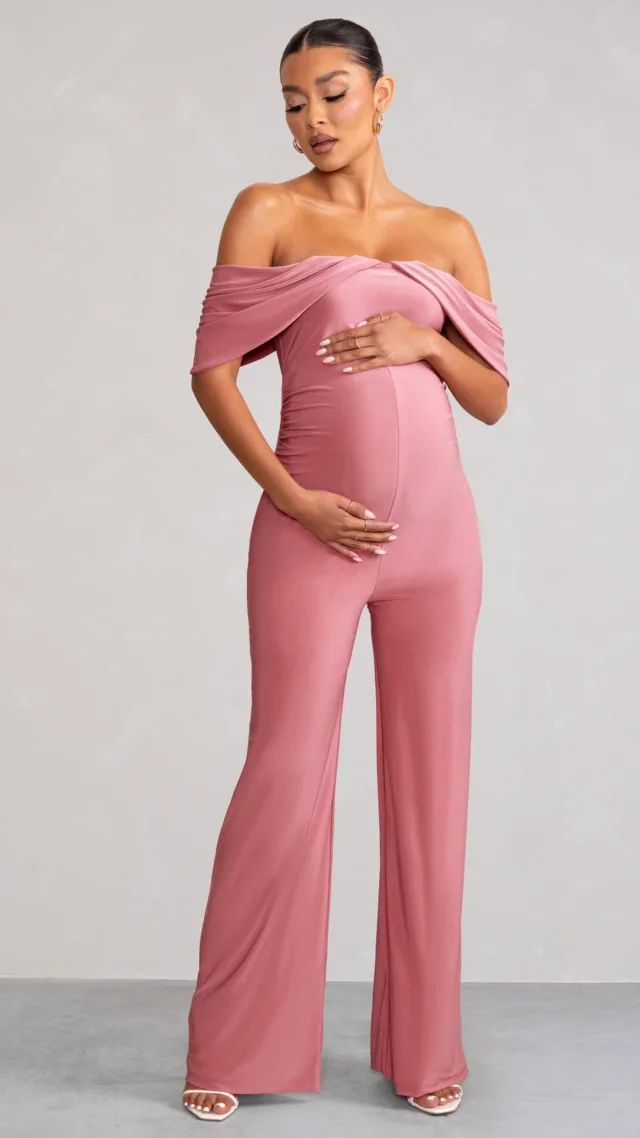 Blush Pink Draped Sleeve Bardot Maternity Jumpsuit