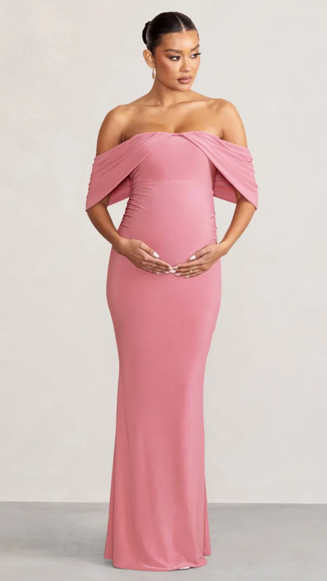 Blush Pink Draped Sleeve Bardot Maternity Maxi Dress