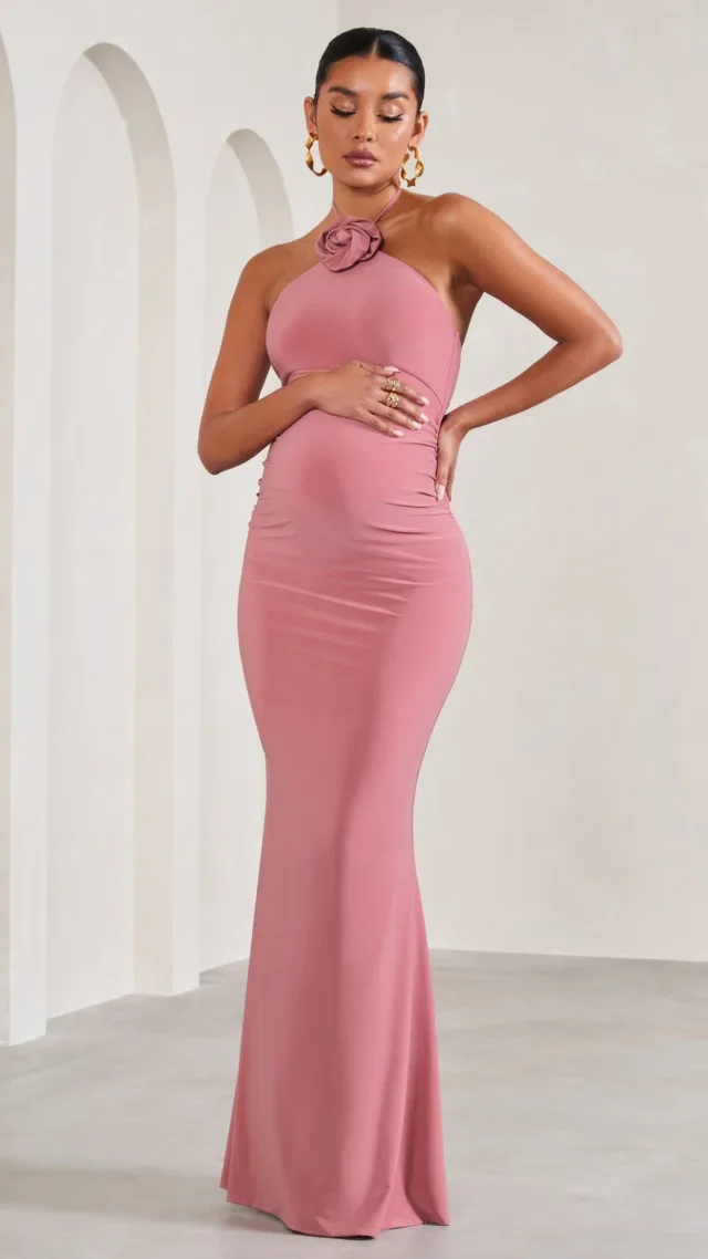 Blush Pink Halter-Neck Maternity Maxi Dress With Flower Corsage