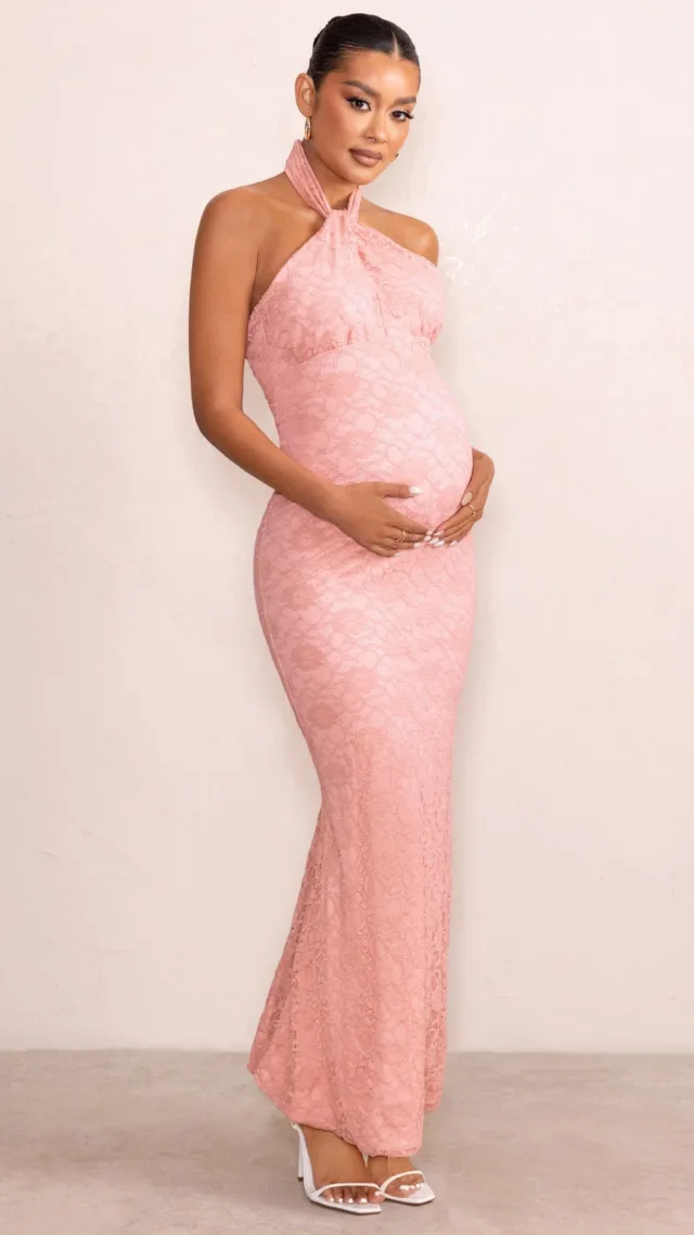 Blush Pink Halter Neck Maternity Maxi Dress With Keyhole Cut Out