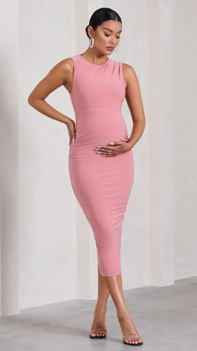 Blush Pink High-Neck Sleeveless Maternity Midi Dress