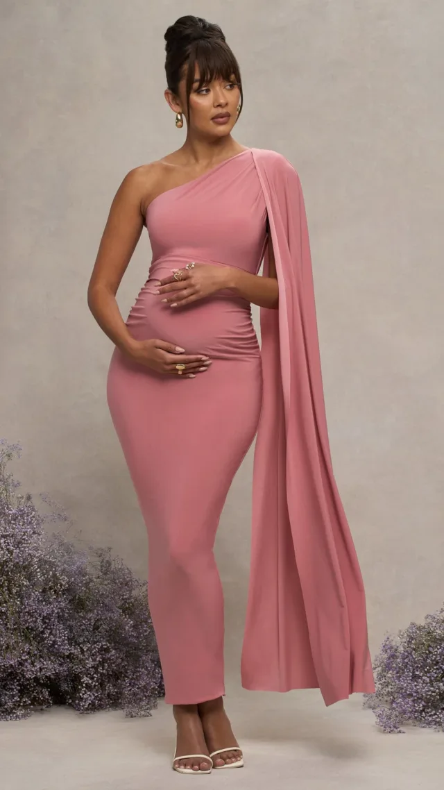 Blush Pink Maternity One Shoulder Maxi Dress With Cape Sleeve