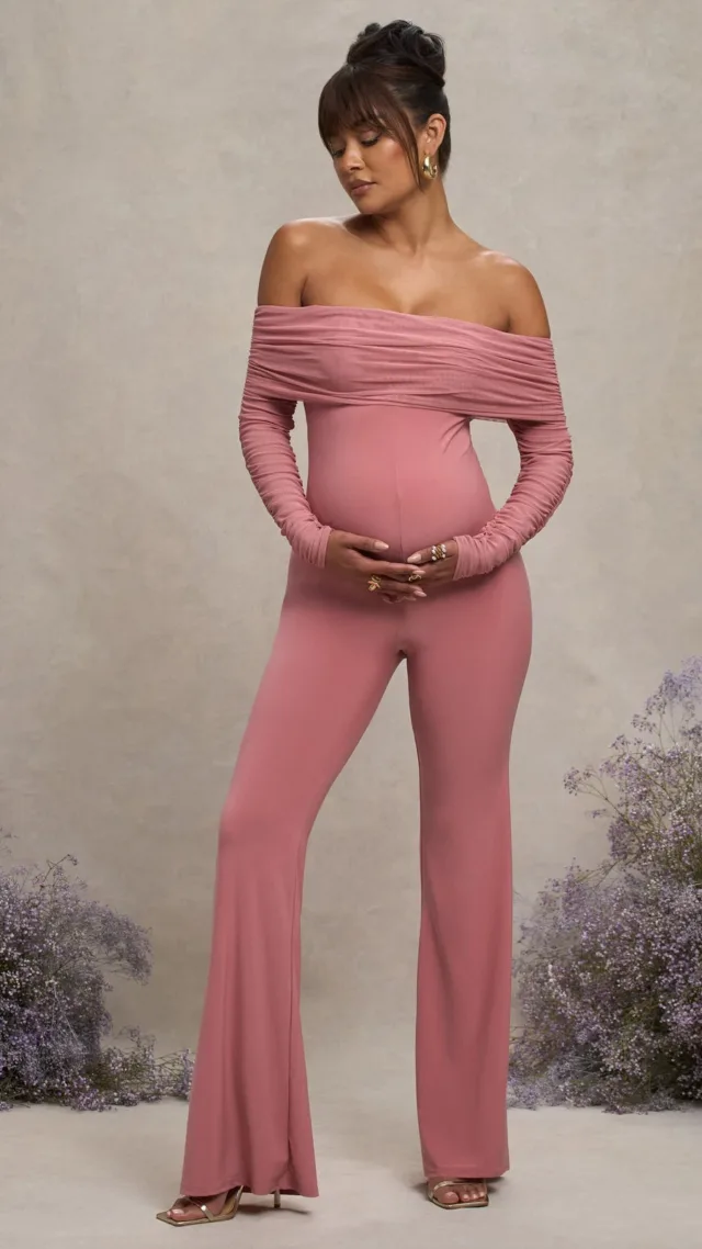 Blush Pink Maternity Ruched Mesh Bardot Jumpsuit