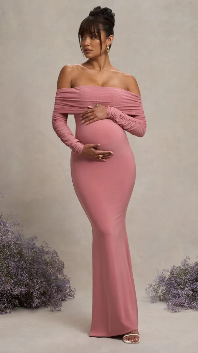 Blush Pink Maternity Ruched Mesh Bardot Maxi Dress