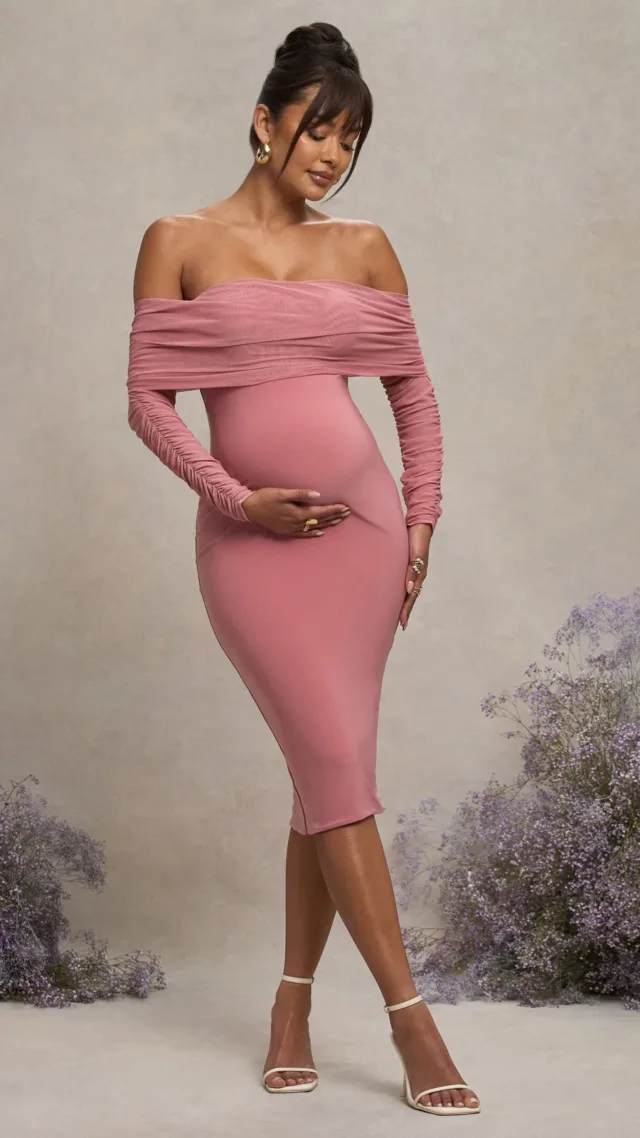 Blush Pink Maternity Ruched Mesh Bardot Midi Dress