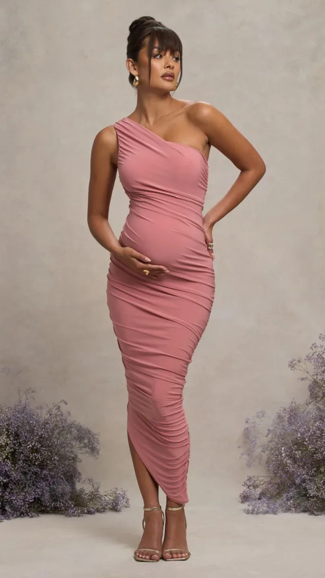 Blush Pink Maternity Ruched One Shoulder Midi Dress