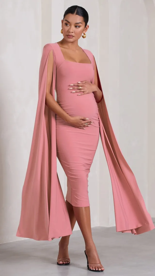 Blush Pink Maternity Square Neck Midi Dress With Cape Sleeves