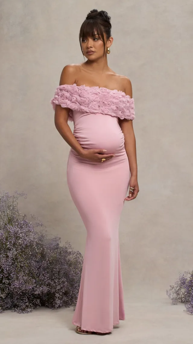 Blush Pink Mesh Floral Bardot Maternity Maxi Dress