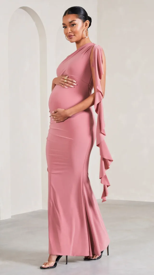 Blush Pink One-Shoulder Maternity Maxi Dress With Ruffles