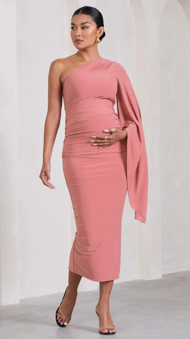 Blush Pink Ruched Asymmetric Split Maternity Midi Dress With Cape Sleeve