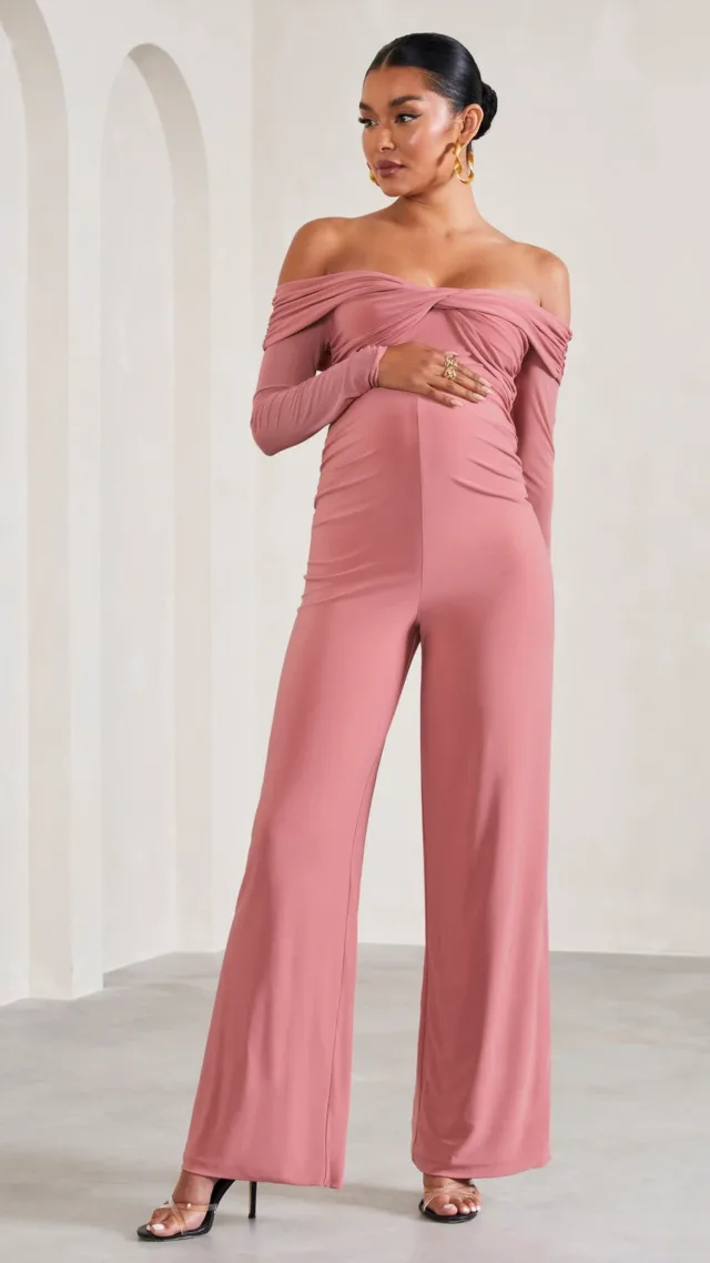 Blush Pink Ruched Bardot Long-Sleeved Wide-Leg Maternity Jumpsuit