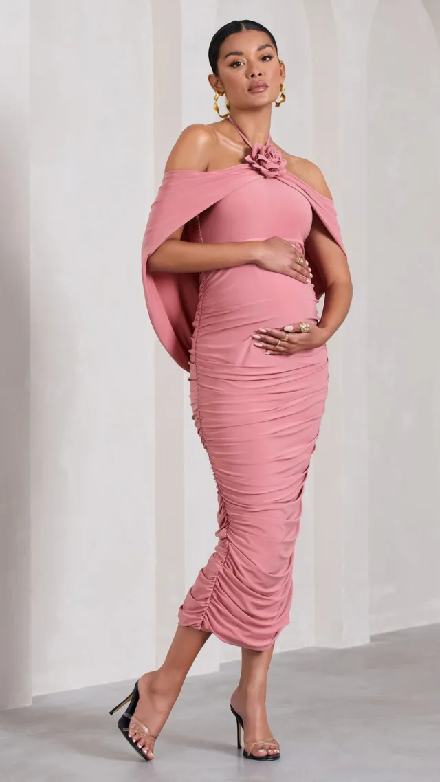 Blush Pink Ruched Flower Halter-Neck Drape-Sleeve Maternity Midi Dress