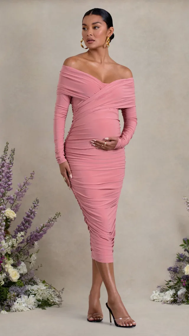 Blush Pink Ruched Twist Bardot Long-Sleeve Maternity Midi Dress