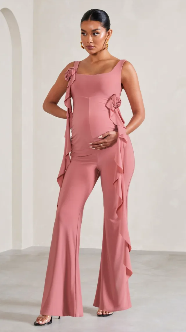 Blush Pink Square-Neck Flared-Leg Maternity Jumpsuit With Flowers