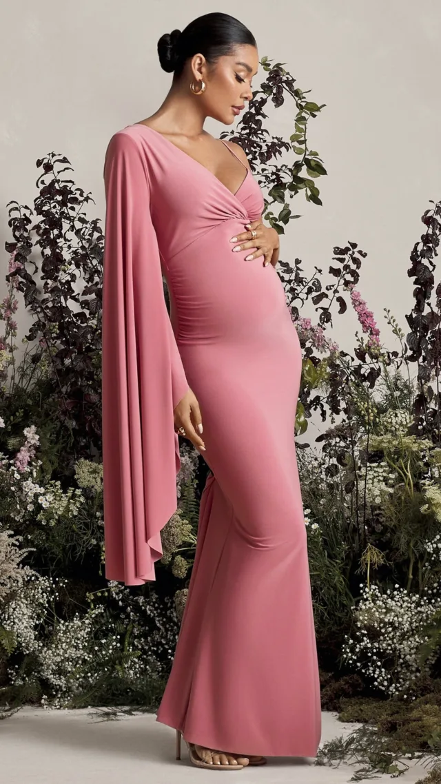 Blush Pink V-Neck Split Maternity Maxi Dress With Cape Sleeve