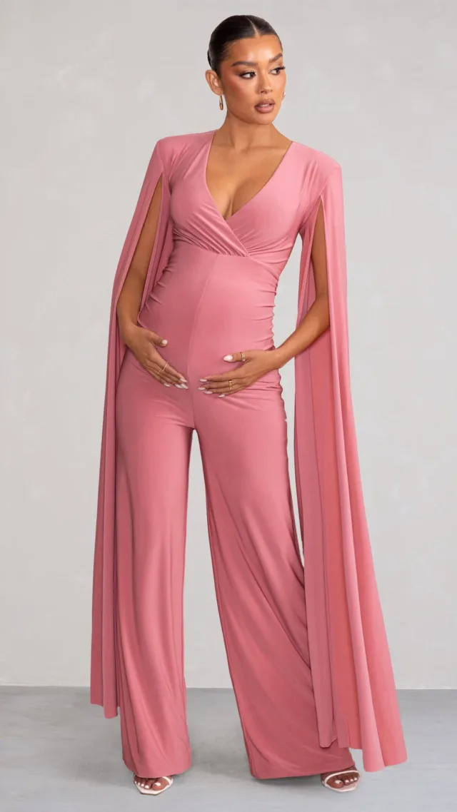 Blush Plunge Neck Maternity Jumpsuit With Cape Sleeves