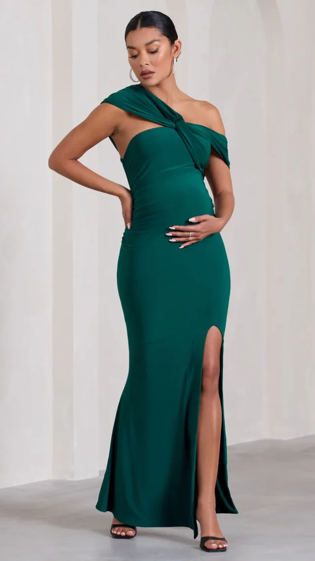 Bottle Green Asymmetric Twisted Bardot Split Maternity Maxi Dress