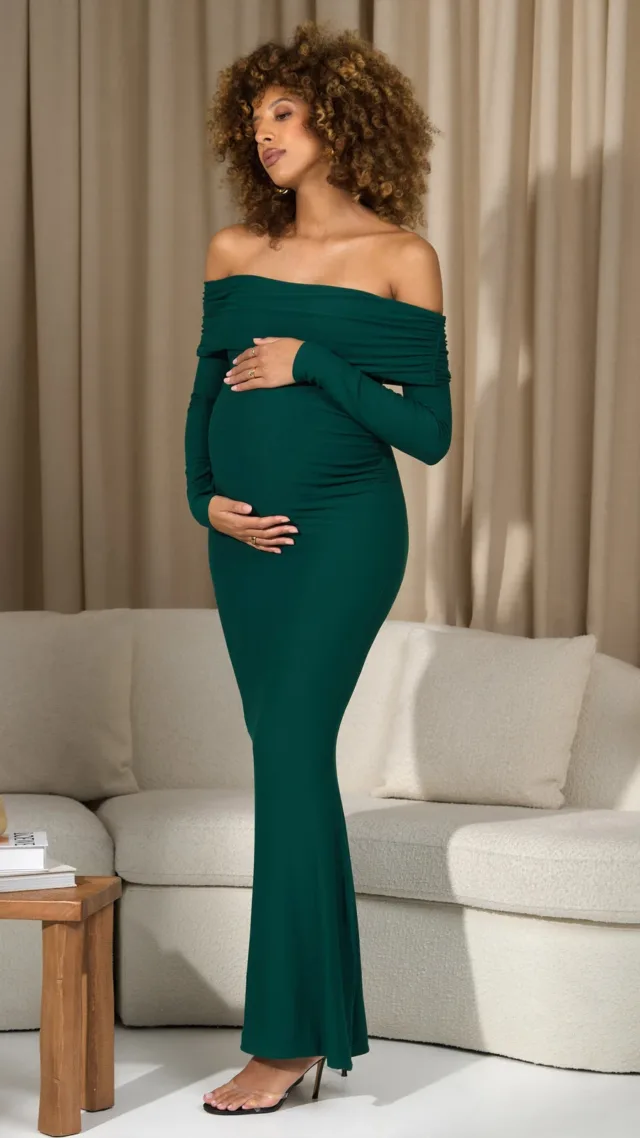 Bottle Green Bardot Long-Sleeve Maternity Maxi Dress