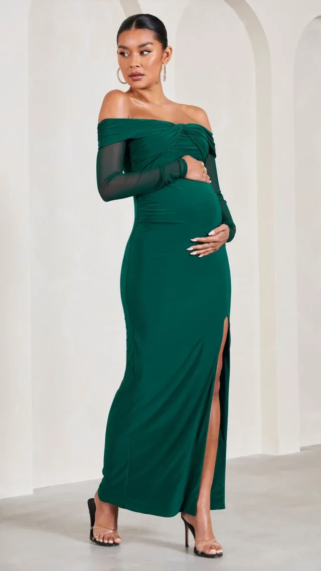 Bottle Green Bardot Long-Sleeved Maternity Maxi Dress